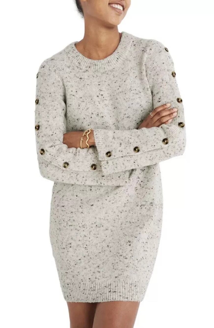Madewell Donegal Button Sleeve Sweater Dress Ivory Wool Blend Womens Small Tunic